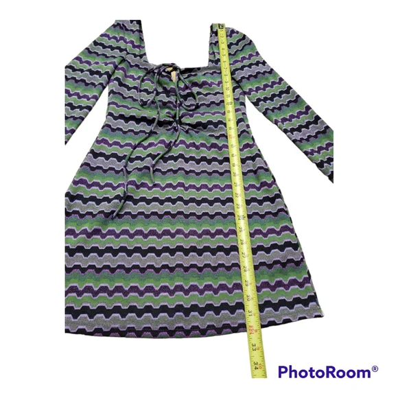 NWT Zara Purple Green Metallic Zig Zag Knit Keyhole Retro Mini Dress Size S - Picture 3 of 10